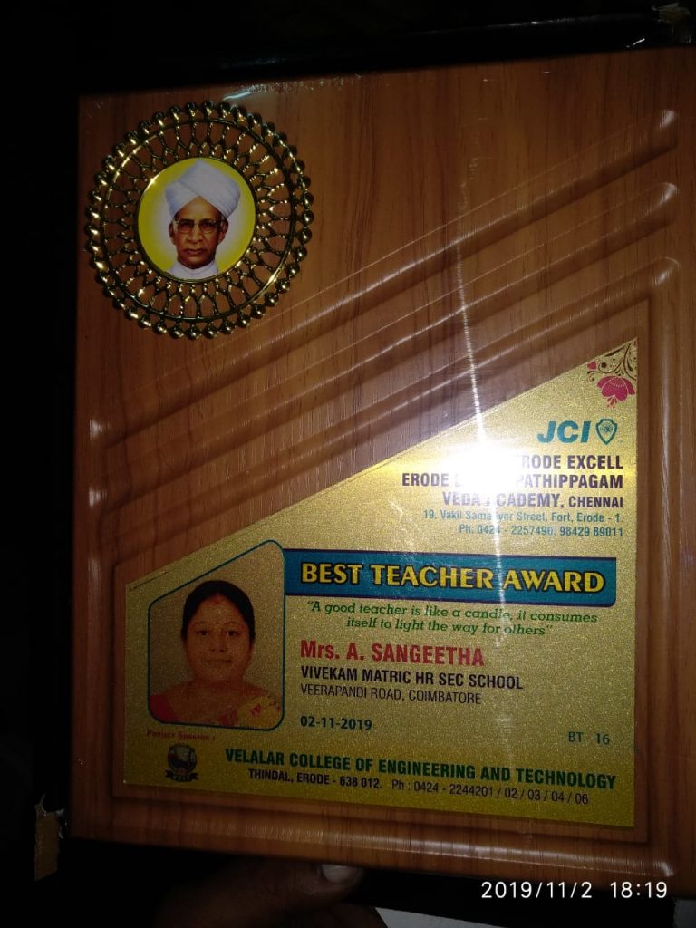 Best Teacher Award - Mrs. A. SANGEETHA from JCI, Chennai.